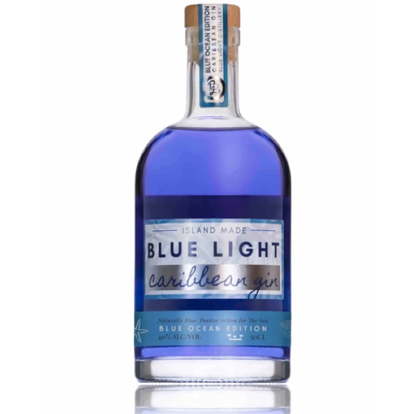 front of blue light caribbean gin bottle
