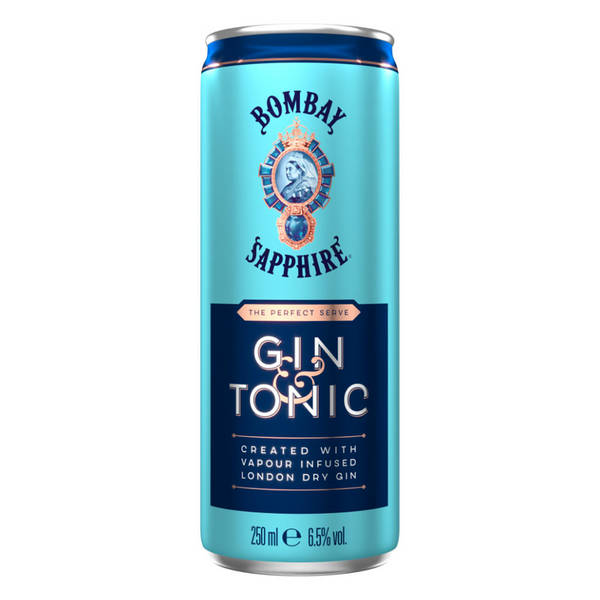 front of bombay sapphire g&t can