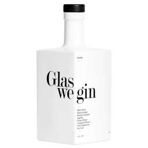 front of glas we gin bottle