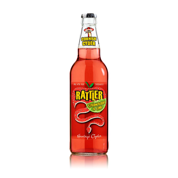front of strawberry and lime rattler cider 500ml bottle