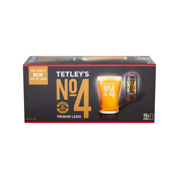 front of Tetley's No.4 Premium Lager 10 x 440ml fridge pack